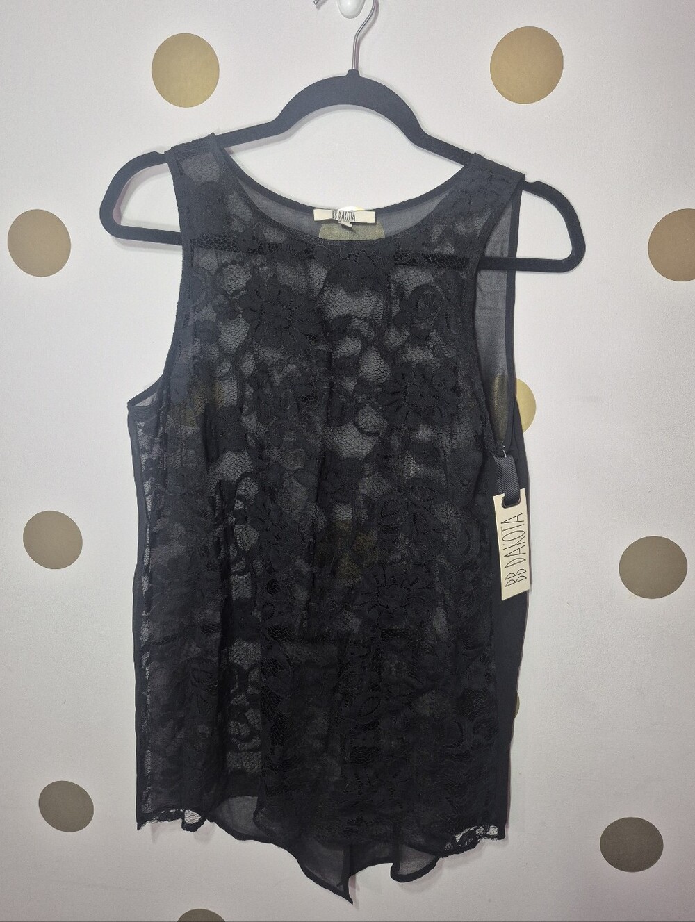 BB Dakota Vintage 2012 Black Sheer Lace Tank Top Size Medium NWT Split Hem